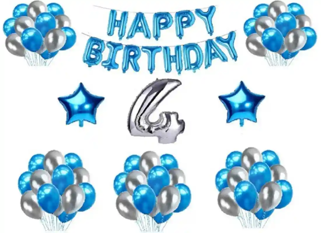 TrendzyKart 4th Happy Birthday Decoration Combo With Foil And Star Balloons (Blue, Silver)