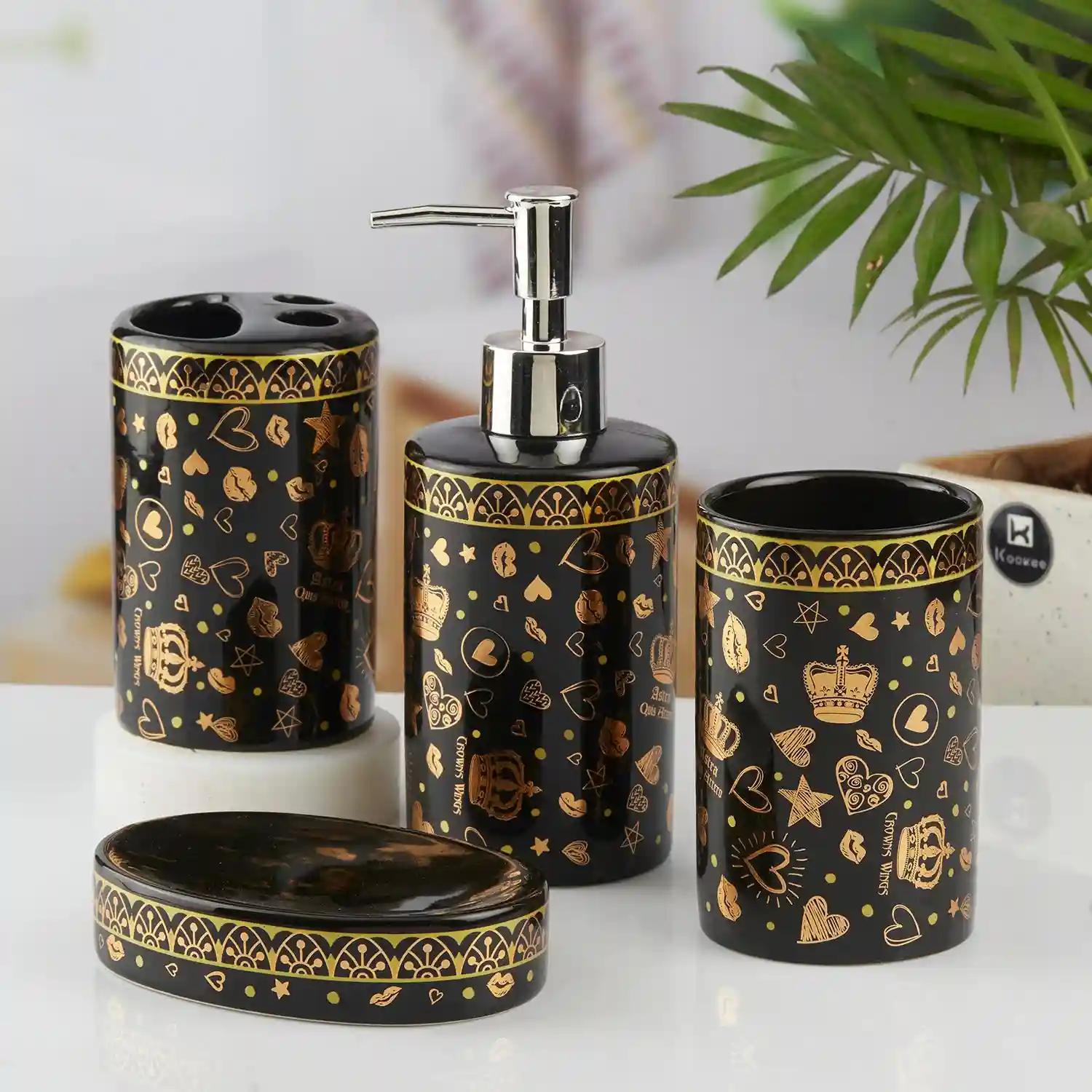 Kookee Ceramic Bathroom Accessories Set of 4, Modern Bath Set with Liquid hand wash Soap Dispenser and Toothbrush holder, Luxury Gift Accessory for Home, Black/Gold (10462)