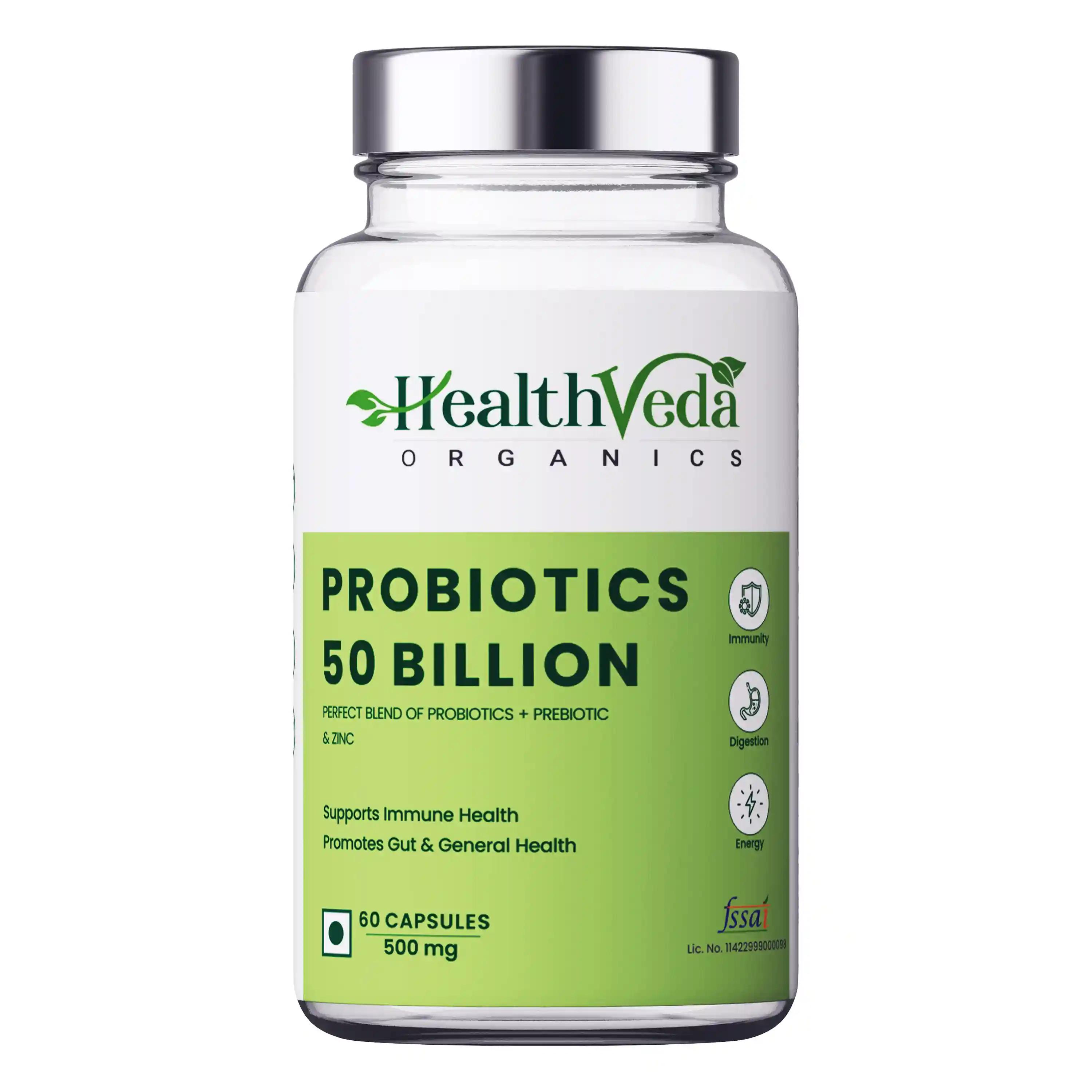 Health Veda Organics Probiotics 50 Billion CFU Multi-Strains | 60 Veg Capsules | 10X Better Digestion, Immunity Support | Improves Gut Health | For Both Men & Women