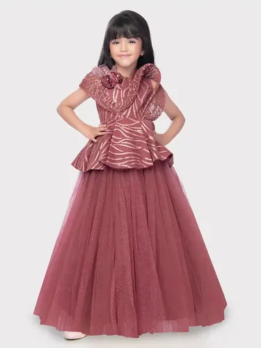 Betty Raspberry Colored Net Fabric Stitched Gown