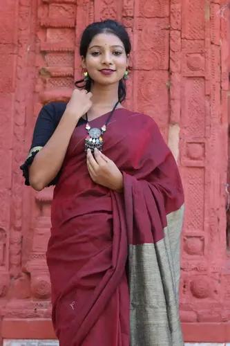 Pure Cotton Handloom Saree - Maroon