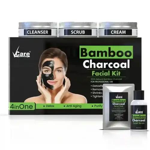 VCare Natural Bamboo Charcoal Facial Pack Kit for Brighter Skin,Deep Pore Cleansing Acne Prone Oily Skin & Blackheads Removal|Detox, Anti Aging, All Skin types (300gm + 50ml)