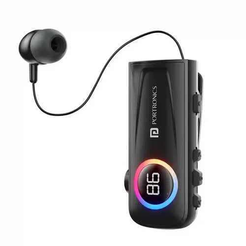 Portronics Harmonics Klip 5 Retractable Bluetooth Calling Earphone with Upto 15 Hour Playback, Vibration Prompt, LED Battery Display, HD Clarity Mic, Voice Assistance, Type C Charging