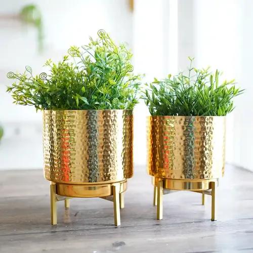 Behoma Hammered Metal Indoor Planter for Table Top and Floor | Living Room Drawing Room Balcony Office | Decoration Ideas for Plants| Set of 2 Golden Colour (Plants not Included)