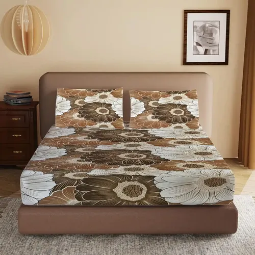 HOMIEE Glace Cotton Elastic Fitted Bed Sheet for Double Bed, Soft, Breathable & Durable Chadar with Deep Pockets, Wrinkle-Resistant, Fade-Proof & Perfect for All Seasons - Fawn
