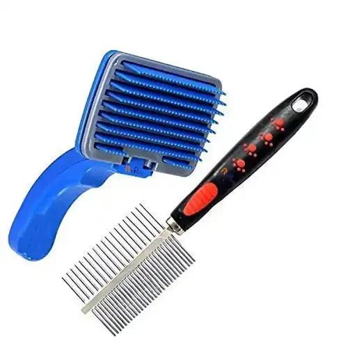 PSK PET MART 2 in 1 Pet Comb Pack Adjustable Dog/Puppy/Kitten/Cat Brush/Pet Ticks & Flea Comb for Grooming Cum Slicker Brush and Safety from Mites/Lice/Ticks Combo Pack of 2 Combo - Slicker And Comb