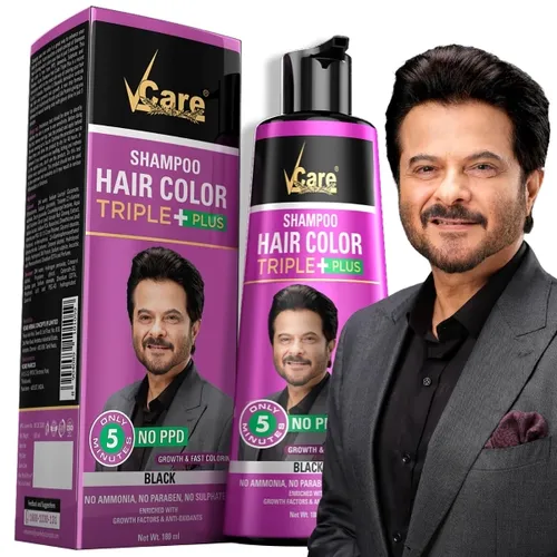 VCare Shampoo Hair Colour Shampoo-Black 180ml for Women and Men |Pump pack with Natural extracts | Colours hair in minutes|Enriched with growth factors & antioxidants, Ammonia free, Sulphate free