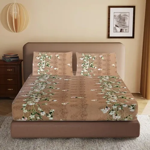 HOMIEE Glace Cotton Elastic Fitted Bed Sheet for Double Bed, Soft, Breathable & Durable Chadar with Deep Pockets, Wrinkle-Resistant, Fade-Proof & Perfect for All Seasons - Whiskey