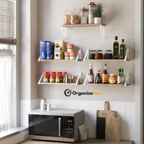 ORGANIZEMEE Wooden Shelf Wall Decor,Floating Shelves For Living Room Kitchen,Bedroom,Decorative Items,Pine Wood Planks Metal Mounting Brackets,Polished ,Size(16.5 Inch X 6"White Bracket) Qty:1Nos