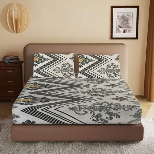 HOMIEE Glace Cotton Elastic Fitted Bed Sheet for Double Bed, Soft, Breathable & Durable Chadar with Deep Pockets, Wrinkle-Resistant, Fade-Proof & Perfect for All Seasons - Cloudy
