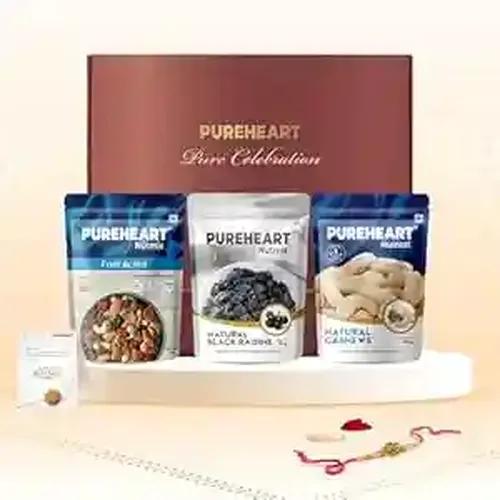 PUREHEART Rakhi Gift Hamper- Natural Cashews, Fruit & Nut Nutmix and Black Raisins (80g, each) with Designer Rakhi for Brother, Gift Card, Pooja Rice, Kumkum - Combo of Crunchy Dry Fruits and Nuts