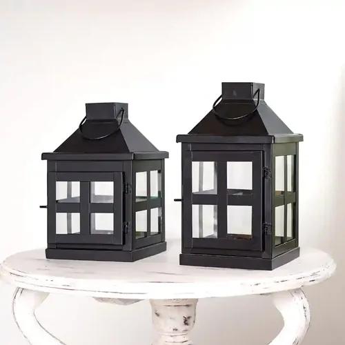 Behoma Vintage Style Candle Lantern Metal and Glass for Home Decor, Lantern for Table-top & Wall-Hanging | Indoor and Outdoor | Rustic Dusk Green Small & Large (Candle/Lights NOT Included) (Set of 2)