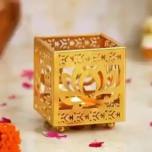 WEBELKART Gold Plated Lotus Shape Iron Tealight Candle Holder for Home and Dining Table Decor - Diwali Decoration Items, Candle Holder|Dreamcatcher|showpiece (3.5 Inches, Gold)