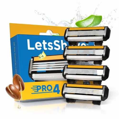 LetsShave Pro 4 Shaving Razor Blade For Men | Made In South Korea | Lubricating Strip With Aloe Vera & Vitamin E |4 Blade Full Body Razor | Rubber Guard & Openflow Architecture - Pack Of 4 Blade Refills