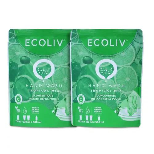 ECOLIV Tropical Mix Liquid Handwash Refill Pouch 1 Liter |Pack of 2 x 170ml Concentrate Refill |pH 5.5|Gentle on Hands| Add 330 ml Water Make 500 ml hand wash liquid in 15 seconds