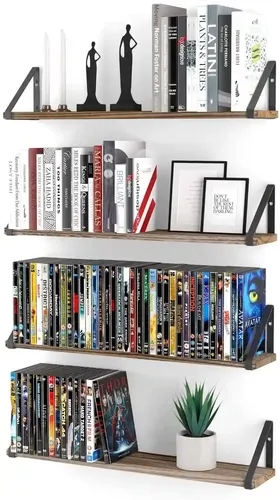 ORGANIZEMEE Wooden Book Shelf Wall Decor, Floating Shelves For Living Room Kitchen, Bedroom, Decorative Items, Pine Wood Planks Metal Mounting Brackets, Polished