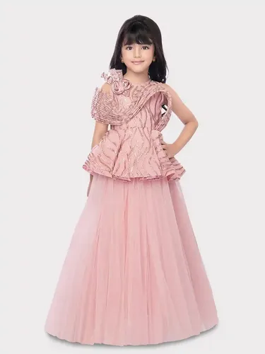 Betty Pink Colored Net Fabric Stitched Gown
