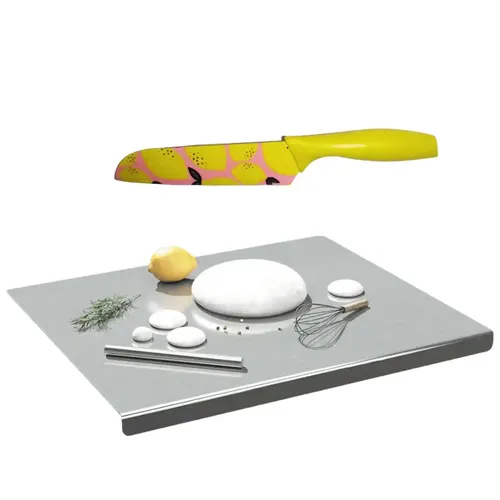 ORGANIZEMEE Stainless Steel Kitchen Counter Top Chopping Board,Vegetable Cutter & Butcher Block Efficient And Durable For Countertop And Worktop Size:60X47Cm,With Lip Bend & Yellow Knife