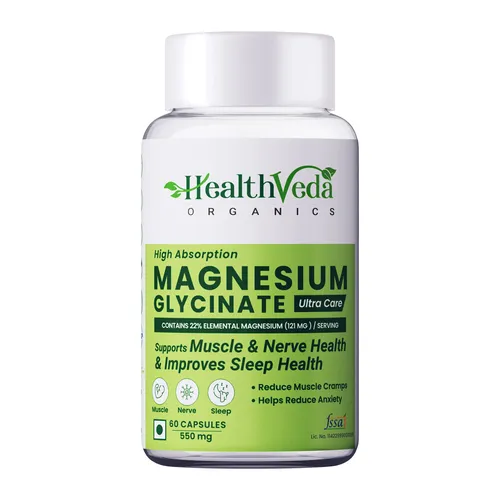 Health Veda Organics High Absorption Magnesium Glycinate, 550mg (Elemental Magnesium 121 mg) | 60 Veg Capsules | Supports Nerve & Muscle Health | Improves Sleep Quality | For Both Men & Women