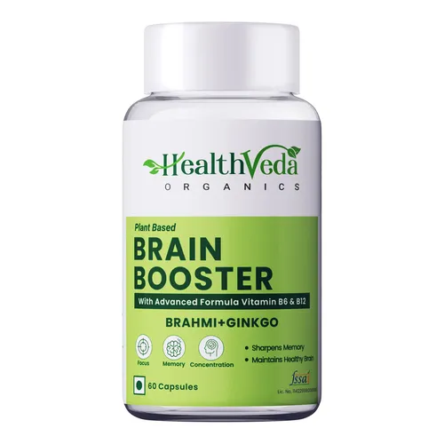 Health Veda Organics Plant Based Brain Booster Supplement for Better Concentration & Learning Activities, 60 Veg Capsules