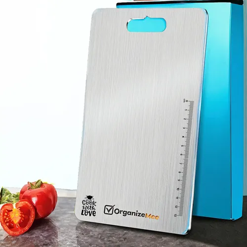 ORGANIZEMEE Stainless Steel Chopping Board For Kitchen - Heavy-Duty Cutting Board For Vegetables, Fruits Cutter, Meats, Vegitable Chopper Boards, Premium Metal Chopping Board (Medium) (31.8Cm X 21Cm)