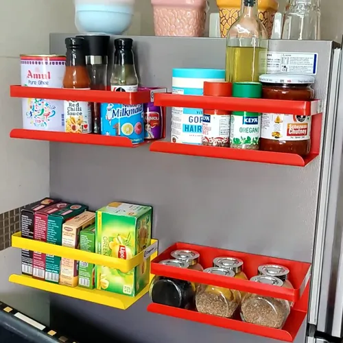 ORGANIZEMEE Alloy Steel Magnetic Spice Rack&Kitchen Organizer (25 X 11.5 Cm) - Maximize Space,Declutter Counters|Fridge,Washing Machine Storage|Magnetic Shelf Organizer For Spices,Utensils (Red)