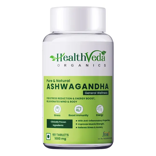 Health Veda Organics Ashwagandha 1000mg | High Strength Potent Formula | Boosts Immunity & Energy | Rejuvenates Mind & Body | 60 Veg Tablets | For Men & Women