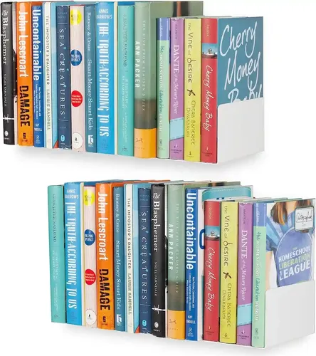 ORGANIZEMEE Steel Book Shelf Wall Rack Mounted Shelves Stand For Home Library,Living Room Books, Bedroom Or Kitchen Floating Storage Racks Bookcase Powder Coated Metal Corner Shelfs Set Of 2 (White)