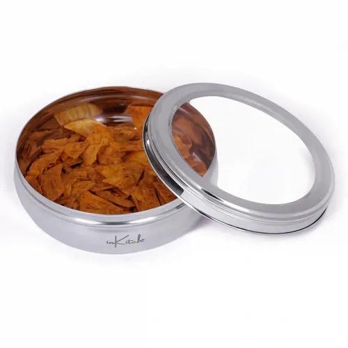 InKitch Stainless Steel Belly Shape Flat Canisters | Puri Dabba | Storage Containers | Multipurpose Container/Organizer with See Through Lid