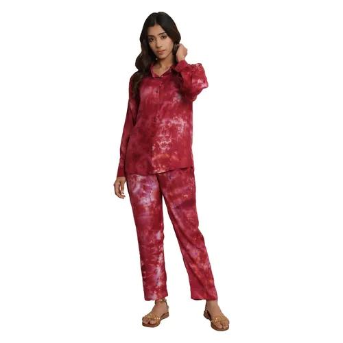 Maroon Tie And Dye Rayon Short Co-Ord Set (Set of 2)