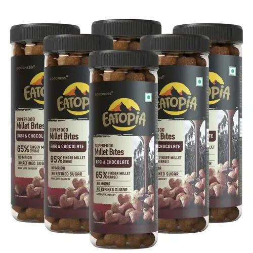 EATOPIA Ragi Whole Grain & Chocolate Millet Bites | No Maida, Non GMO, No Added Sugar | Gluten Free | Millets & Cereals | High Protein & Fiber | Breakfast Cereals | Healthy Snacks for Kids | Pack of 6 (Pet Jar)