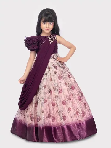 Betty Wine Colored Polyester Georgette Fabric Stitched Gown