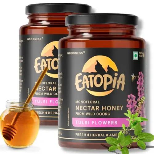 EATOPIA Tulsi Honey 1 kg | 100% Pure & Natural Honey | Pure Honey with No Added Sugar | Immunity Booster | Nectar Honey from Wild Coorg (Monofloral) | Pack of 2 with 500g Serving each