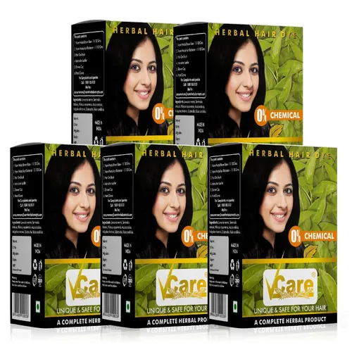 VCare Natural Herbal Hair Dye Powder for Men and Women|Apply for Dry Hair |100% Organic Henna Black Dye Hair Color Boost Shine and Hair Growth - 60 gm (Pack of 5) - Black