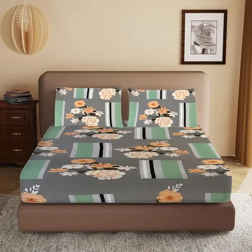 HOMIEE Glace Cotton Elastic Fitted Bed Sheet for Double Bed, Soft, Breathable & Durable Chadar with Deep Pockets, Wrinkle-Resistant, Fade-Proof & Perfect for All Seasons - Merino