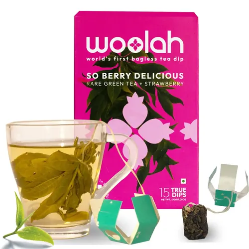 Woolah Rare Assam Green Tea with Strawberry, Organic BAGLESS Tea Dip 100% PLASTIC Free, Natural Whole Leaf, High EGCG anti-oxidants supports WEIGHT MANAGEMENT, Heart Health & Repairs skin damage due to UV exposure