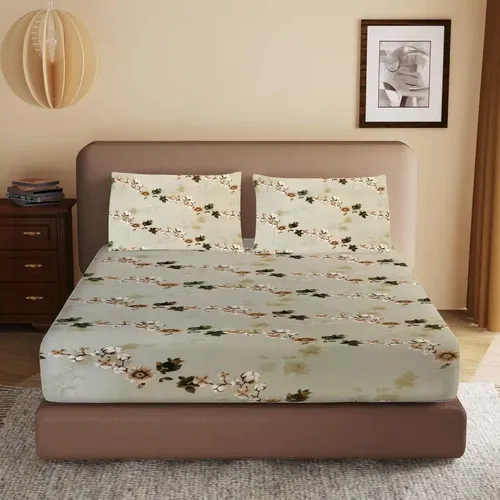 HOMIEE Glace Cotton Elastic Fitted Bed Sheet for Double Bed, Soft, Breathable & Durable Chadar with Deep Pockets, Wrinkle-Resistant, Fade-Proof & Perfect for All Seasons - Coral Reef