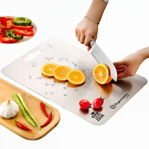 ORGANIZEMEE Stainless Steel Cutting Chopping Board Fruit, Vegetable Kitchen Chopping, Stand Wall Mounted Hanger, (Large/36X25 Cm)