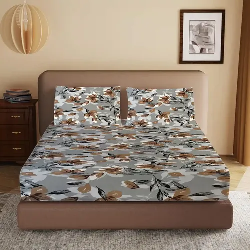 HOMIEE Glace Cotton Elastic Fitted Bed Sheet for Double Bed, Soft, Breathable & Durable Chadar with Deep Pockets, Wrinkle-Resistant, Fade-Proof & Perfect for All Seasons - Warm Grey
