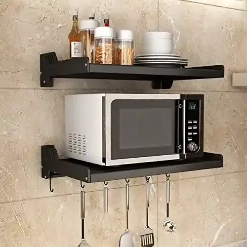 ORGANIZEMEE Alloy Steel Microwave Oven Wall Shelf Stand Kitchen Organizer,Racks And Shelves For Storage Mixer Table Grinder From 17To25 Liter Size 55 Cm Wide With Hooks (Stage Stage Matte Black)