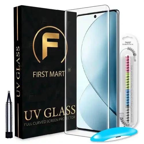 FIRST MART Tempered Glass for Vivo V29 Pro 5G / V29 5G / T2 Pro 5G with Edge to Edge Full Screen Coverage and Easy UV Glue Installation Kit and Cable Protector, Pack of 1