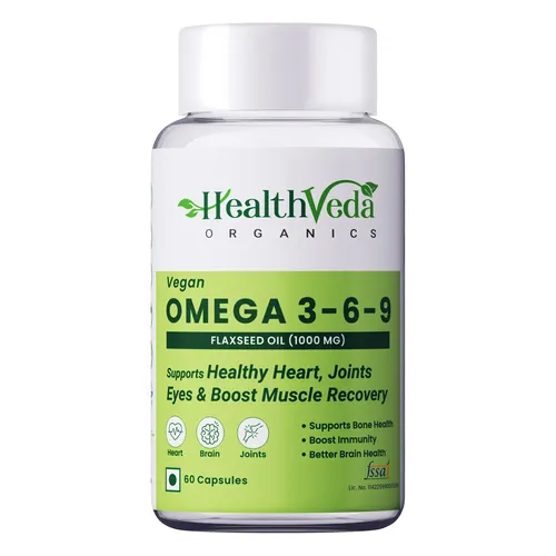 Health Veda Organics Vegan Omega 3-6-9 Flaxseed Oil (1000mg) for Healthy Bones, Hair & Skin| 60 Veg Soft Gel Capsules for Both Women & Men