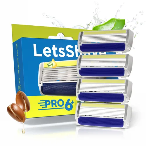 LetsShave Pro 6 Plus Face & Head Shaving Razor Blade Refills/Cartridges For Men | World'S First 6-Blade Razor With Precision Edge | Argan Oil & Aloe Vera Infused Moisture Bar | Sold In 130 Countries – Pack Of 4