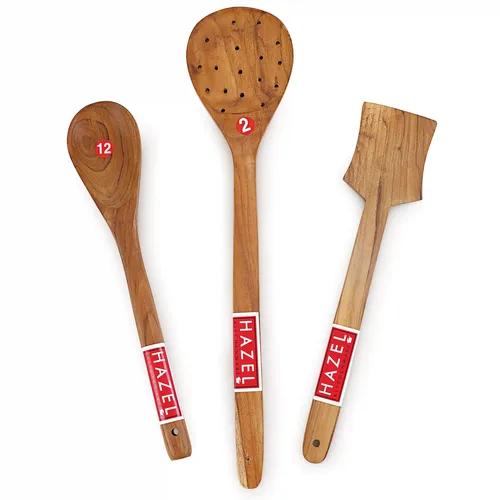 HAZEL Wooden Kitchen Tools Spoon Set of 3 (Oval Spatula Small, Serving Jhara, Taveta)