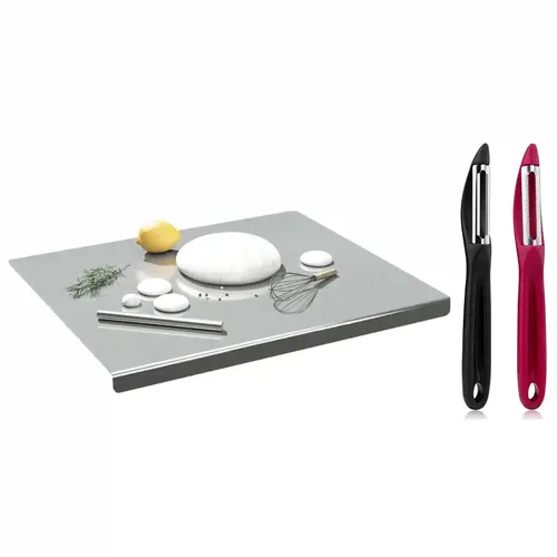 ORGANIZEMEE Stainless Steel Kitchen Counter Top Chopping Board,Vegetable Cutter & Butcher Block Efficient And Durable For Countertop And Worktop Size:60X47Cm,With Lip Bend & Vegetable Peeler