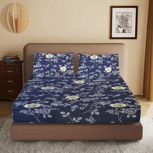 HOMIEE Glace Cotton Elastic Fitted Bed Sheet for Double Bed, Soft, Breathable & Durable Chadar with Deep Pockets, Wrinkle-Resistant, Fade-Proof & Perfect for All Seasons - Bluewood