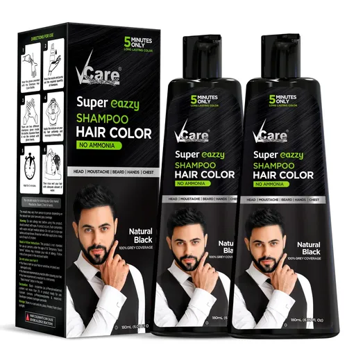 VCare Super Eazzy Black Hair Colour Shampoo for Women and Men 180ml | Only 5 Minute Root Hair Dye Coloring Kit Head, Moustache, Beard, Hands, Chest | No Parabens, Ammonia and Sulfate (180ml-Pack of 2)