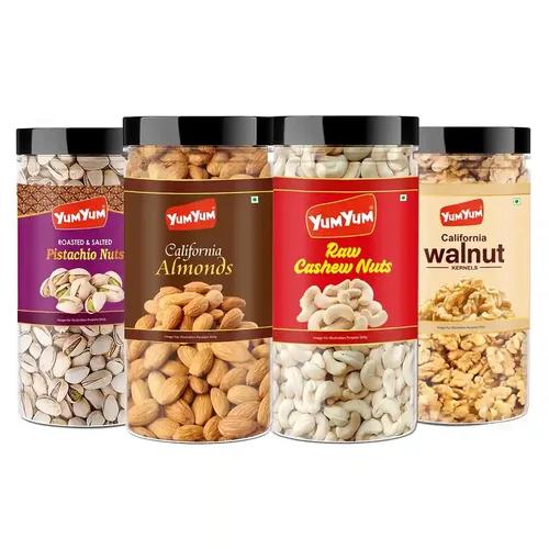 YUM YUM Premium Dry Fruits Combo Pack of 4 | California Almonds 500g, Roasted Salted Pistachios 500g, Cashew 500g, Walnut Kernels 350g | Healthy Dry Fruits Snacks