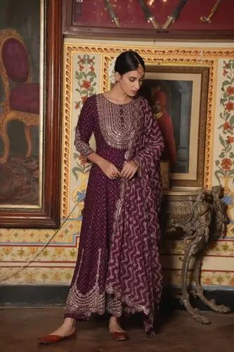 Hand Work Rayon Anarkali Suit  - Wine