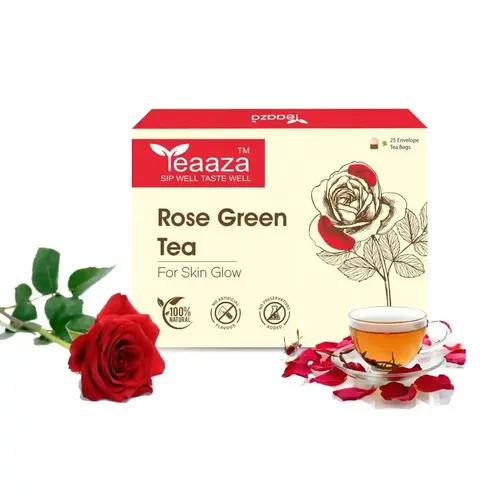 Teaaza Rose Green Tea Bags | 25 Pieces | For Glowing Skin | Made with 100% Whole Leaf & Natural Rose Petals